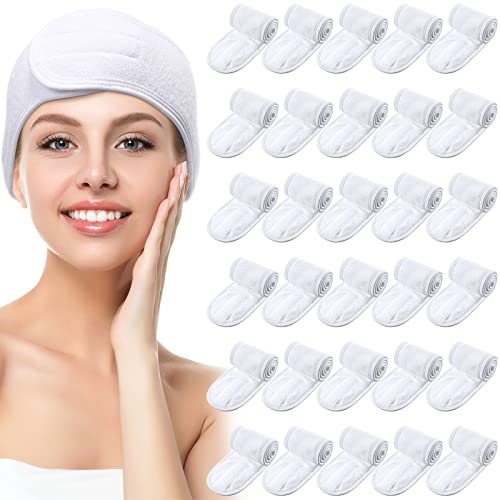 30 Pack Spa Headband Spa Facial Headband Spa Headband Bulk for Washing Face Makeup Headband for Shower Bath Sport Wrap Girls Headband Polyester Adjustable Towel with Hook and Loop Non Slip(White)
