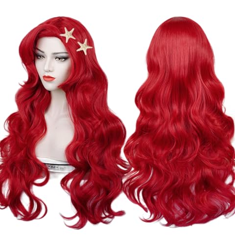 LABEAUTÉ Max Beauty Red Mermaid Wigs with Starfish Hair Clips, Curly Long Hair Daily Wig Heat Resistant Synthetic Fiber for Halloween for Cosplay for Christmas (Red 1)