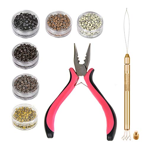 Microlinks Hair Extensions Kit Tool with 4 in 1 Metal Loop Threader Needle, Hair Extension Plier, 6 Colors of 3mm Silicone Microlink Beads for Hair Extension