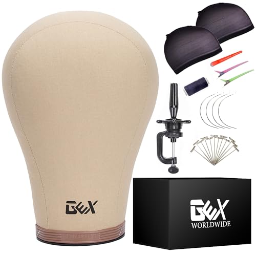 GEX 22" Canvas Cork Wig Block Mannequin Head for Wig Making Drying Styling Display with Table C Clamp Stand Holder (Light Brown 22")