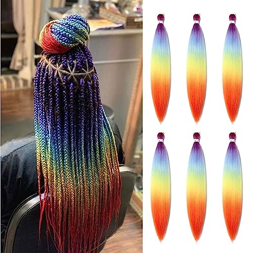 Pre Stretched Braiding Hair Extensions 26Inch 6 Packs/lot Phoenixfly Heat Resistant Fiber Crochet Hair for Box Braids Senegal Twist Hair Extensions(Rainbow)