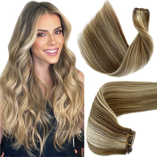 Sew in Weft Hair Extensions Human Hair 100G Balayage Ash Brown with 2 Tones Blonde Highlights Natural Seamless Real Remy Hair Weave Bundles Invisible Double Weft Full Head Silky Straight Thickness 20”