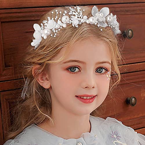 Campsis Princess Flower Crystal Headpiece Rhinestone Pearl Headband Alloy Floral Bridal Hair Accessories Communion Wedding Prom Photography for Girls and Women (Silver)