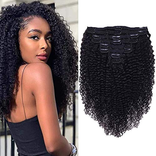 Curly Clip In Extension Human Hair 3C 4A Kinky Curly Clip Ins Full Head for Black Women Brazilian Remy Human Hair Natural Color 8Pcs with18clips 120g/Set (20 inch, curly wave)