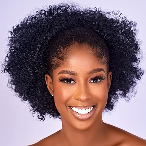 CECINILL Afro Puff kinky curly Drawstring Ponytail Extension for Black Women Synthetic Short Afro Kinkys Curly Afro Bun Extension Hairpieces Updo Hair Extensions with Two Clips(1#)