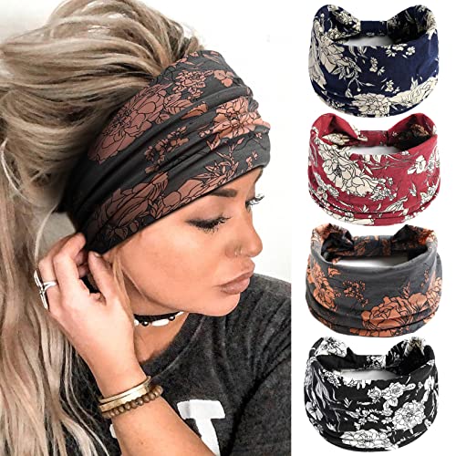 Boho Headbands for Women Wide Headband Flower Printed Head Wraps Thick Hairbands Large African Floral Sport Yoga Turban Fashion Hair Bands Accessories (Pack of 4)