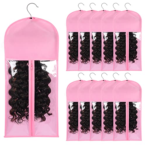 AIHOPESTO 10 PCS Hair Extension Storage Hair Extension Holder Wig Storage Bags Wig Storage for Multiple Wigs Bags Storage with Hanger Wig Organizer for Multiple Wigs Waterproof and Portable (PINK)