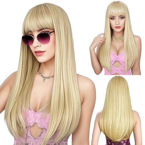 ENTRANCED STYLES 𝐁𝐥𝐨𝐧𝐝𝐞 𝐖𝐢𝐠 𝐰𝐢𝐭𝐡 𝐁𝐚𝐧𝐠𝐬, Long Straight Wigs for Women Natural Hair Wigs Synthetic Blonde Wigs for Girls Daily Party Halloween Cosplay Wig 22 Inch