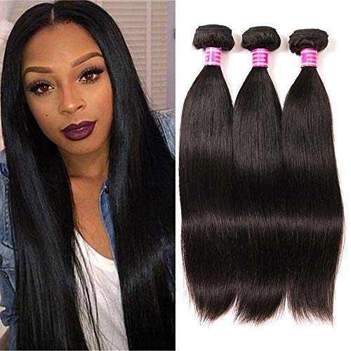 QinMei Brazilian Straight Hair 3 Bundles 10A 100% Virgin Unprocessed Human Hair Weave Extensions Brazilian Remy Straight Human Hair Bundles Natural Black Color (12 14 16 inch)
