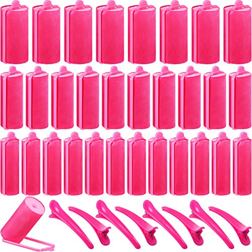 40 Pieces Sponge Hair Rollers Satin Rollers for Black Hair, Silk Rollers Foam hair Rollers Hair Curlers with Duck Teeth Hair Clips for Hairdressing Styling (Rose Red,Multi-size)
