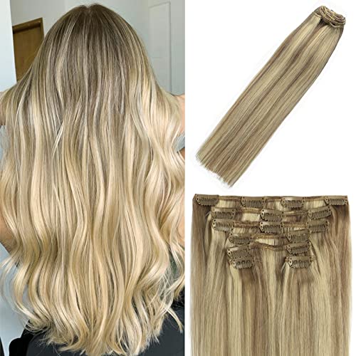 WindTouch Clip in Hair Extensions Human Hair Balayage Mixed Bleach Blonde 70g 22Inch #18P613 Remy Hair Extensions 7PCS
