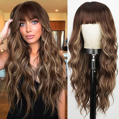 Cisyia Long Brown Wigs with Bangs 26 Inches Ombre Brown Mixed Blonde Highlight Wig for Women Long Curly Wavy Synthetic Resistant Wigs for Daily Party Use