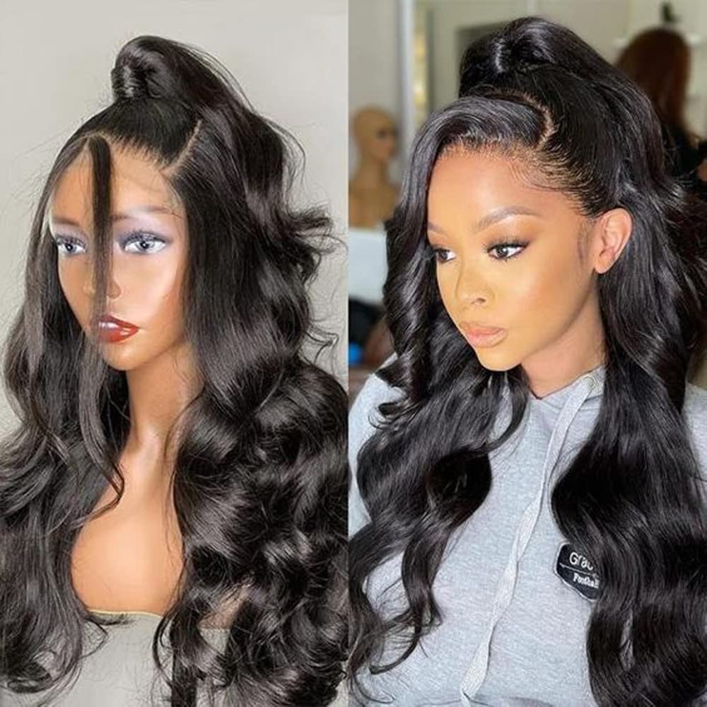 360 Body Wave Full Lace Frontal Wigs Human Hair 180 Density HD Transparent Body Wave Wigs Pre Plucked with Baby Hair Brazilian Virgin Lace Front Human Hair Wigs for Black Women Natural Color(16 inch)