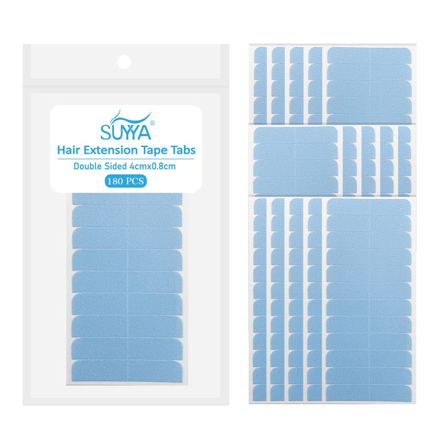 SUYYA 180 Pieces Hair Extension Tape Tabs Double Sided Extension Tapes for Replacement 4cm x0.8cm (Blue 180 Pieces)
