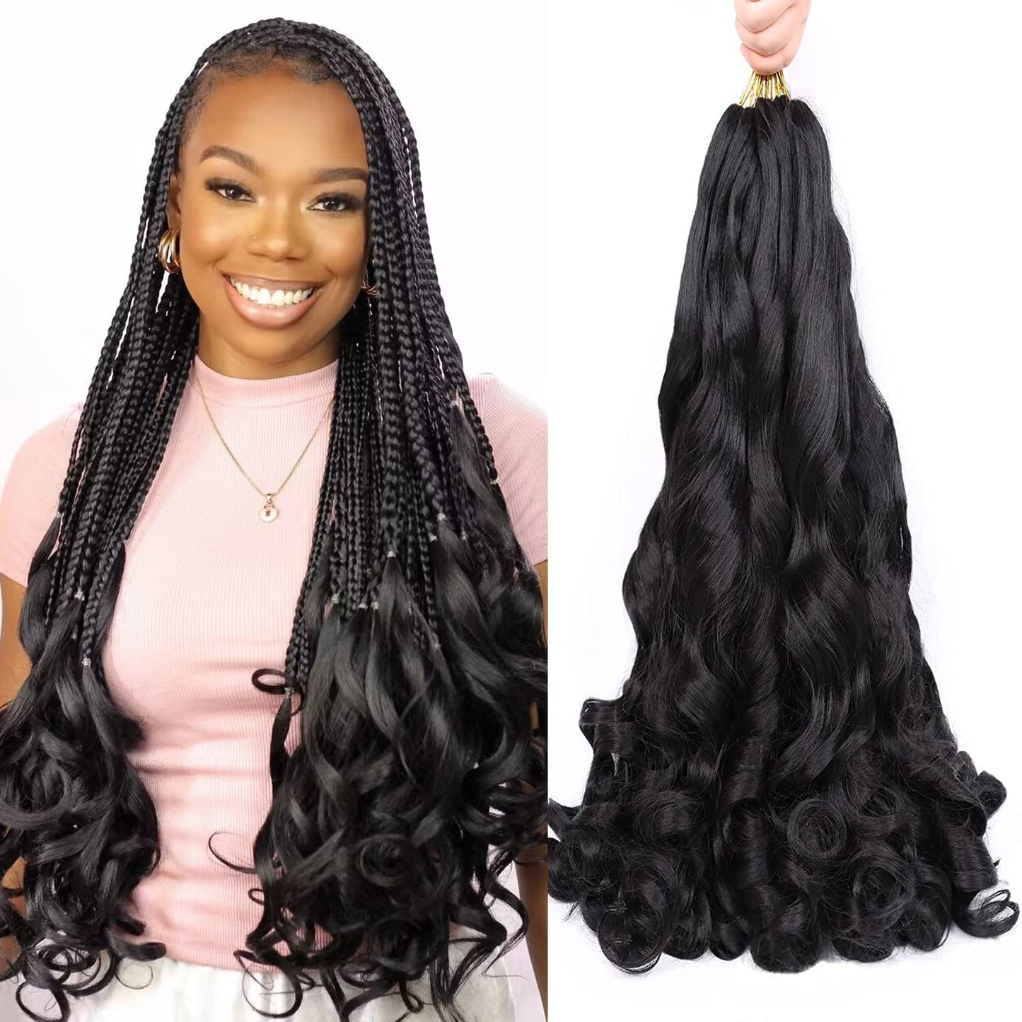 Aeagoo French Curl Braiding Hair Pre Stretched 20 Inch 8 Packs Bouncy Loose Wavy Braiding Hair Hot Water Setting Yaki Texture French Curly Braiding Hair Extensions for Black Women(20 Inch,1B#)