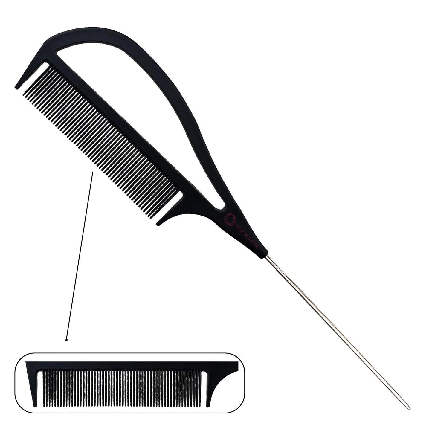 Pink Pewter Authentic "Never Let Go" Carbon Fibre Professional Styling Comb, Balayage, and Highlighting Long Tail Metal Pick Teaser Comb (#2)