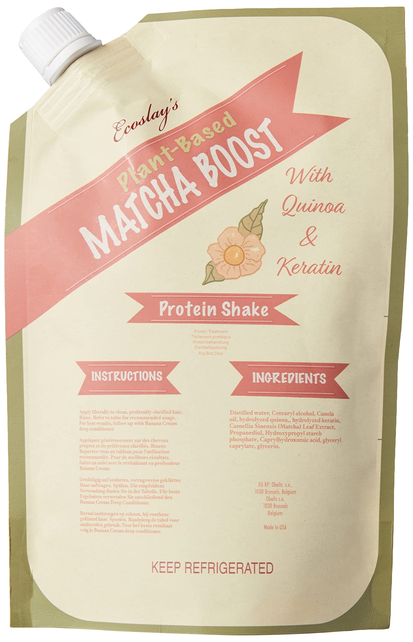 Ecoslay Matcha Boost Protein Shake, Strengthens and Repairs Damaged Hair with Hydrolyzed Quinoa and Vegetable Keratin, 8 oz.