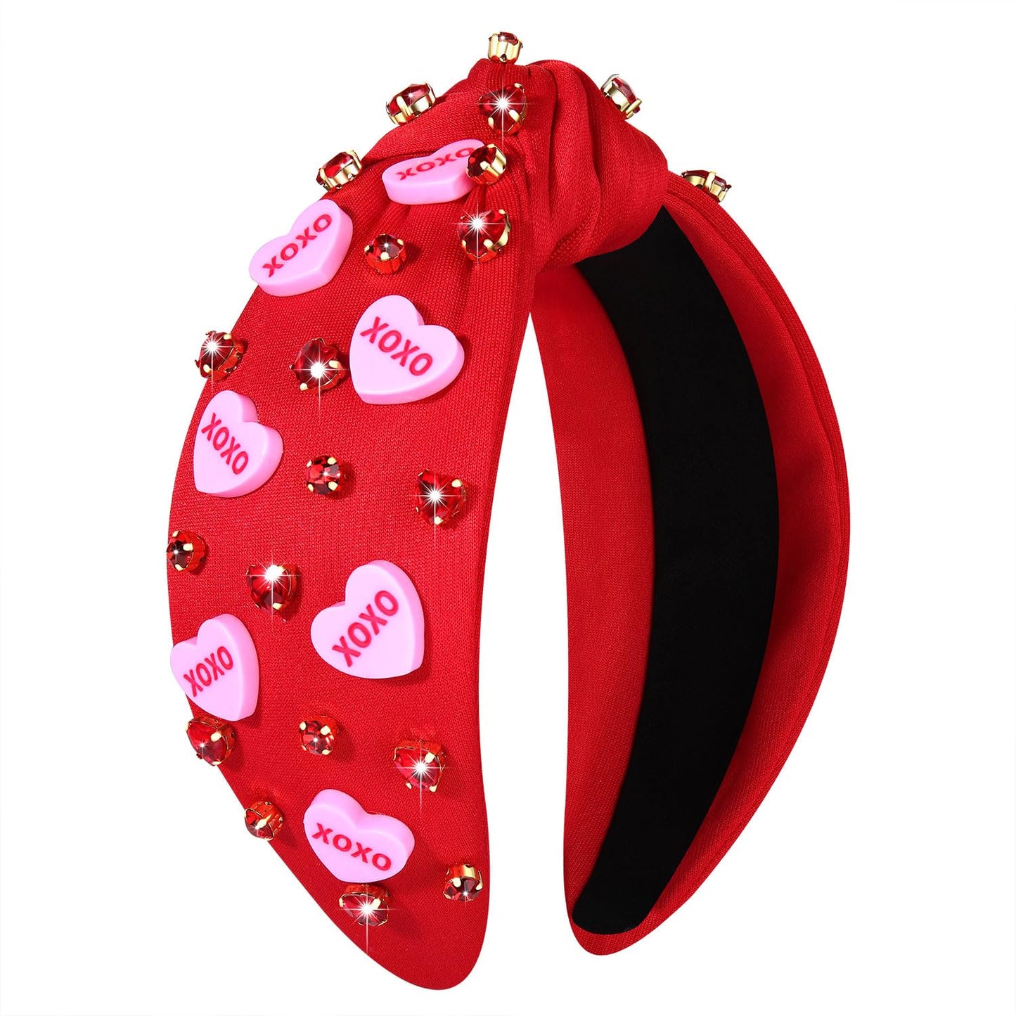 Valentine’s Day Heart Headbands for Women Valentine’s Day Accessories Jeweled Beaded Heart Knotted Headband Pink Red Rhinestone Wide Top Knot Headband Valentine Party Favors Gifts (Heart Headband 5)