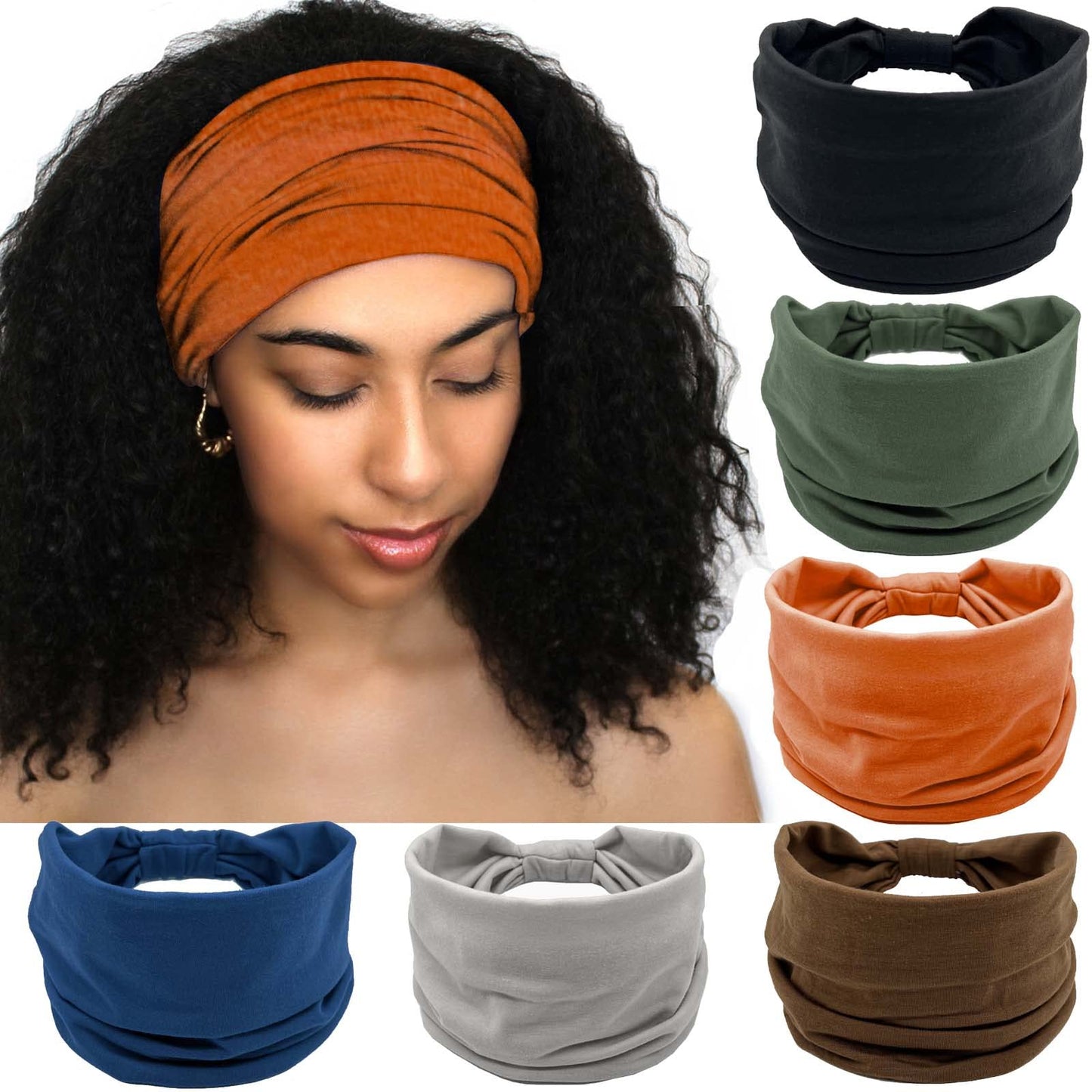 Olbye Wide Headbands Knotted Turban Elastic Non Slip Hairbands Yoga Workout Head Wraps Running Sweatbands Boho Fashion Hair Accessories for Women Pack of 6(Solid Color A)