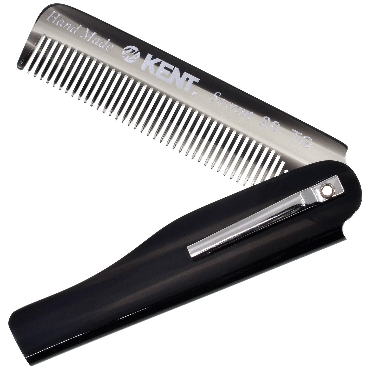 Kent 20T Black Graphite Handmade Folding Pocket Comb for Men, Fine Tooth Hair Comb Straightener for Everyday Grooming Styling Hair, Beard or Mustache, Use Dry or with Balms, Saw Cut, Made in England