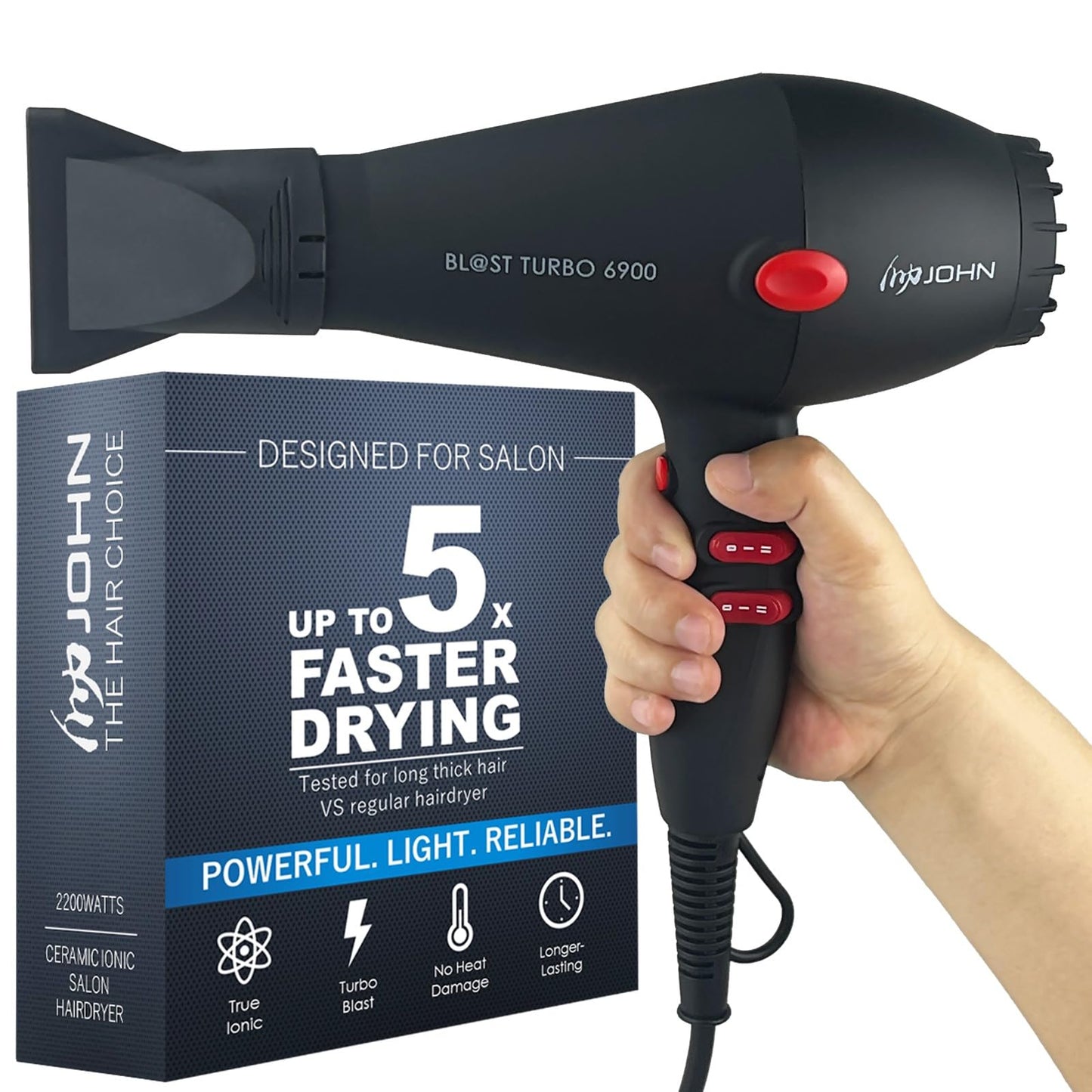 JOHN Ionic Hairdryer for Salon 2200W | Professional Hair Blow Dryer | Blast Turbo 6900 Soft Touch Black