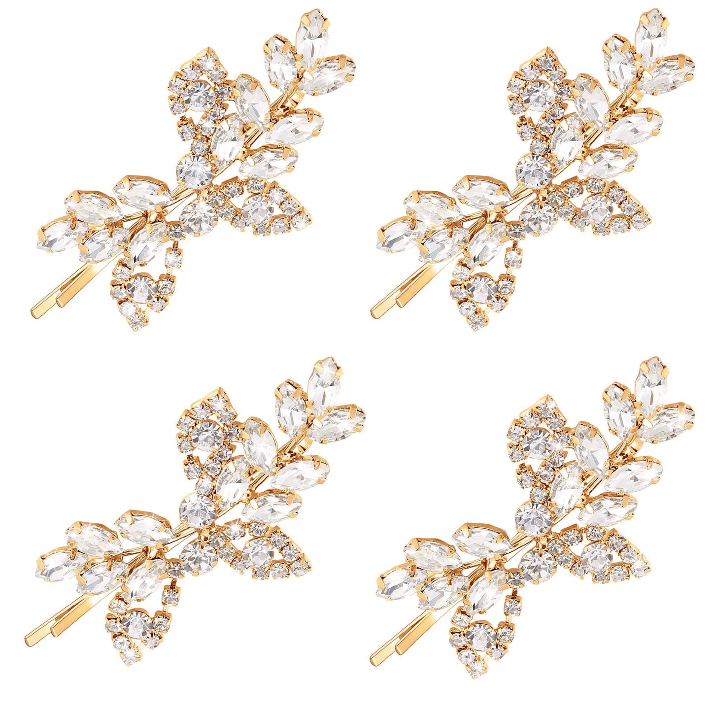 4 Pieces Rhinestone Bridal Hair Clip Leaf Wedding Hairpin Bride Pearl Crystal Hair Clips Rhinestone Barrette Elegant Bridal Hairpins Hair Accessories for Women Girls(Gold,Rhinestone Style)