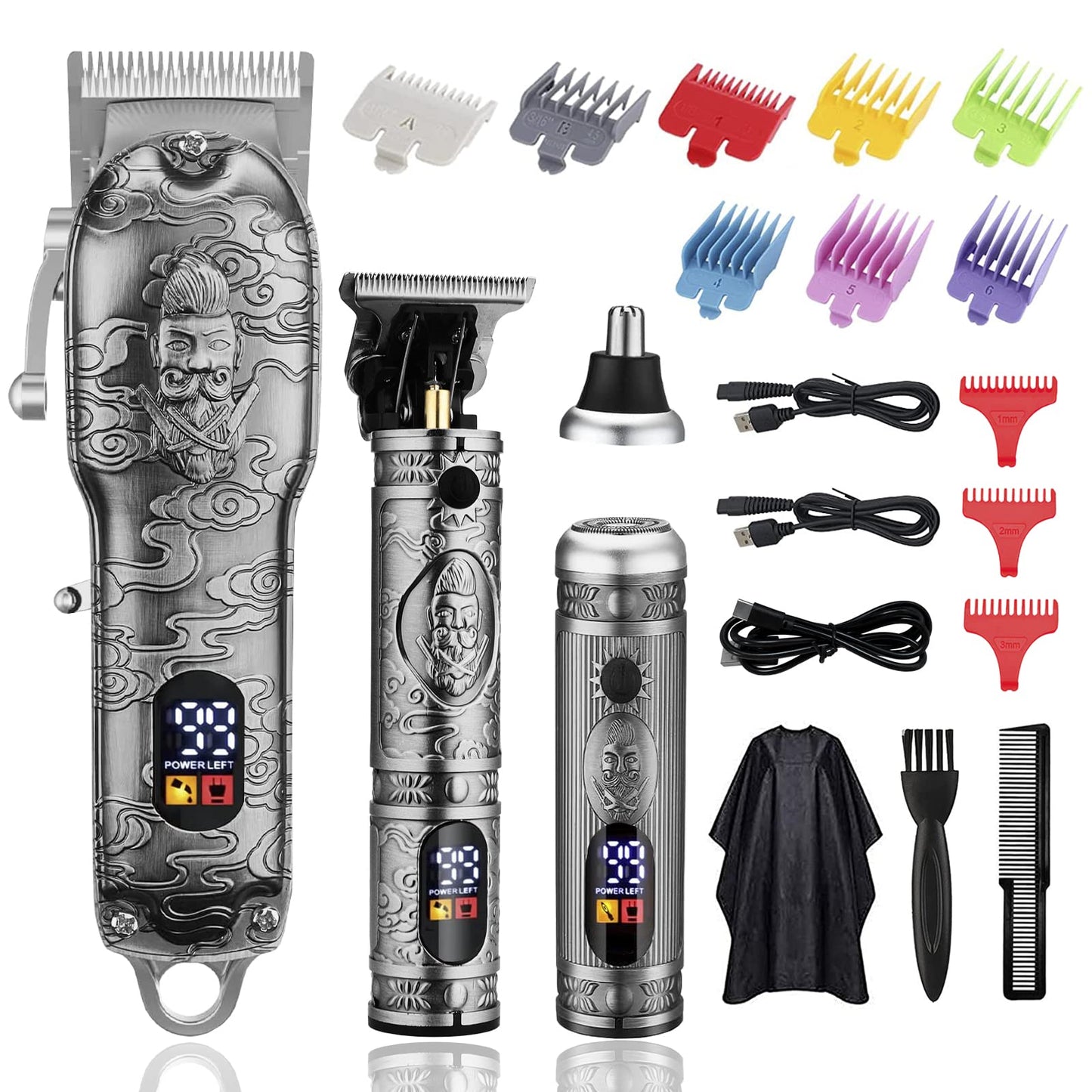 Soonsell Hair Clippers for Man T-Blade Trimmer, Man Professional Cordless Barber Clippers Set Blade Close Cutting Beard Trimmer,Nose Hair Trimmer LCD Display(Silver