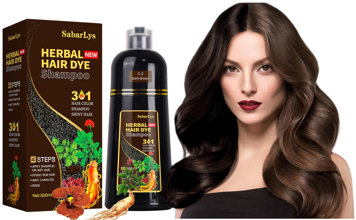 SabarLys Instant Hair Dye Shampoo 3 in 1-Herbal Ingredients Hair Color Shampoo-100% Grey Coverage Black Hair Dye for Women & Men Hair Dye Coloring in Minutes (Dark Brown) (Dark Brown)