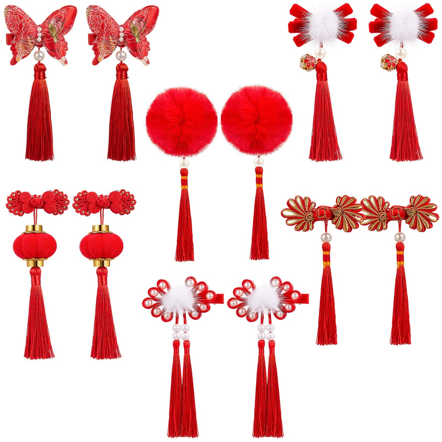 Syhood 6 Pairs Chinese New Year Red Hair Clips Chinese Style Baby Girls Hairy Furry Balls Barrettes Tassels Cheongsam Hair Pins with Bows Lantern Butterfly Decor for Spring Festival Christmas
