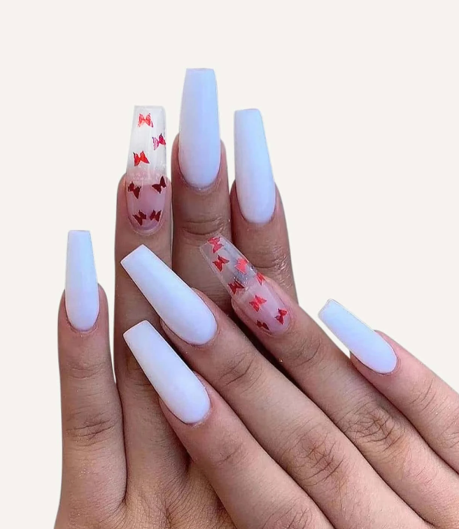 White & Clear Red Butterfly Nails