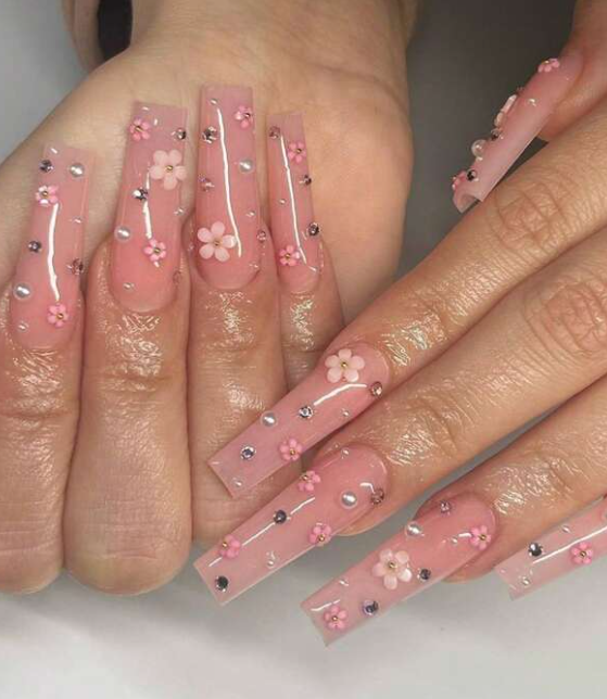 Pink Nude 3D Flower Press On Nails With Pearls & Rhinestones