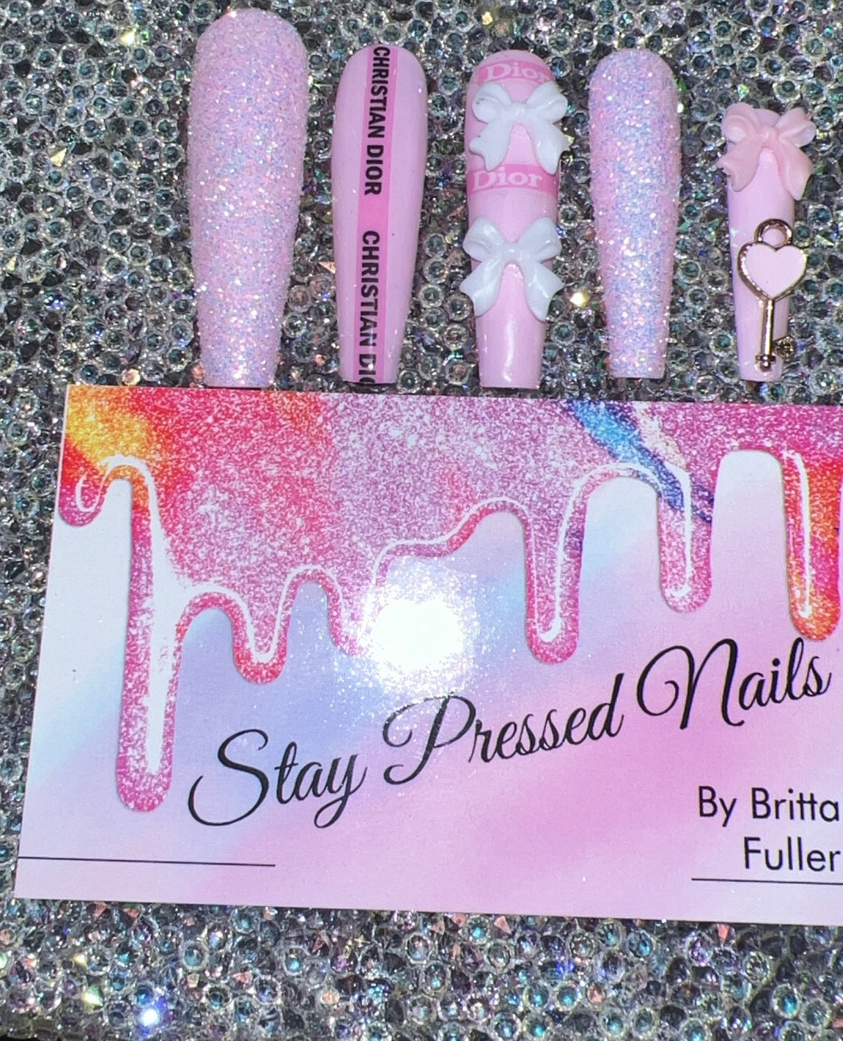 Pink Designer XL Coffin Glitter Key Press On Nails