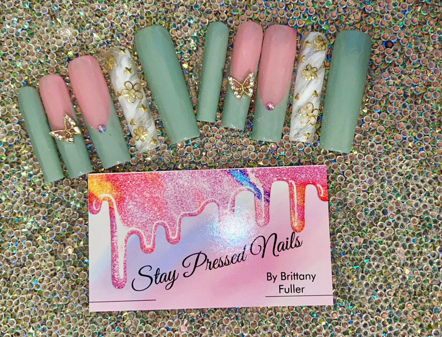 Sage Green Butterfly and Flower Press On Nails