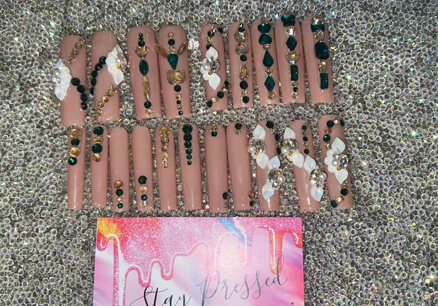 Nude, Green & Gold XXL Square Bling Press On Nails With Flowers