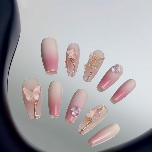 [Pink and White butterfly] | False Nails | SHOPQAQ