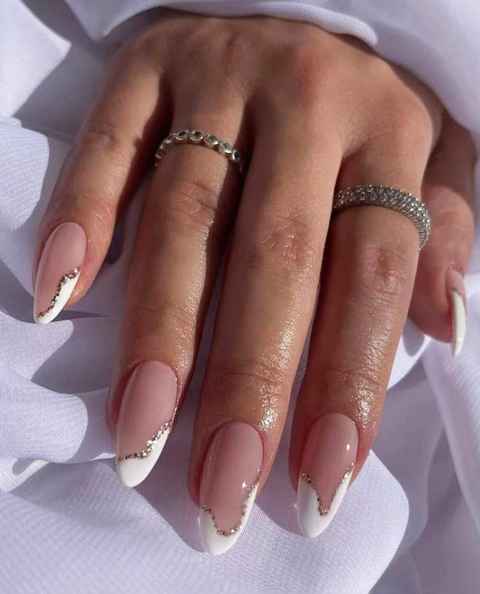 Almond White & Reflective Tip Press On Nails