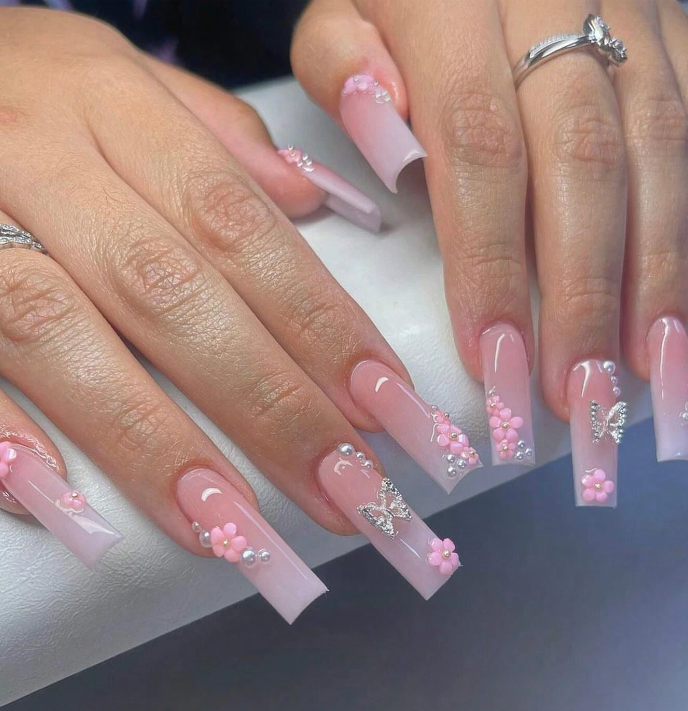 Pink Nude Butterfly & Flower Press On Nails
