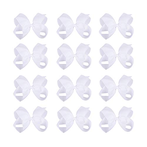 DEEKA 12 PCS 6" Big Hand-made Grosgrain Ribbon Hair Bow Alligator Clips Hair Accessories for Little Teen Toddler Girls - White