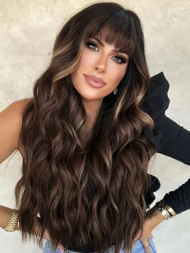 AISI QUEENS Brown Wig with Bangs for Women Long Wavy Hair Wig Brown Highlight Wig Curly Wavy Synthetic Wigs for Girls Daily Party Use