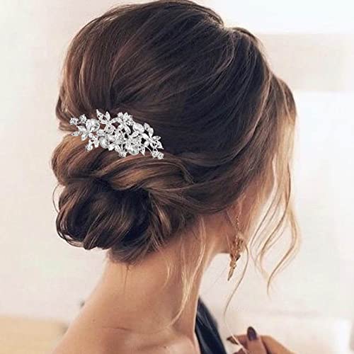 Olbye Wedding Hair Comb Rhinestone Hair Accessories Bridal Hair Pieces Flower Bride Hair Clips Silver Crystal Headpiece Bridesmaids Hair Side Combs Brides Accessories for Women (Silver)