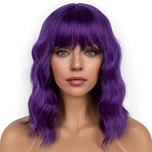 LANCAINI Dark Purple Short Bob Wigs with Bangs for Women Loose Wavy Wig Curly Wavy Shoulder Length Bob Synthetic Cosplay Wig for Girl Colorful Costume Wigs