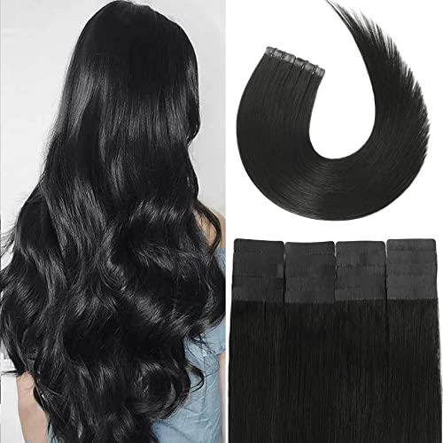 Aison Jet Black Tape in Hair Extensions Human Hair 22 Inch 60G 100% Remy Human Hair Extensions Silky Straight for Fashion Women 20 Pcs/Package