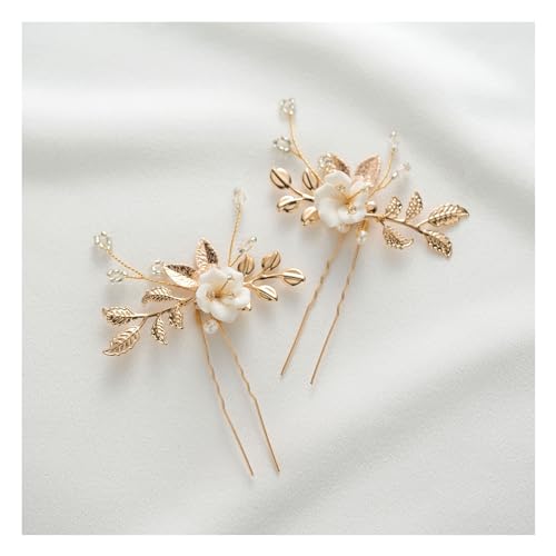 SWEETV 2Pcs Bridal Hair Accessories,Gold Wedding Hair Pins Pieces With White Flowers for Brides