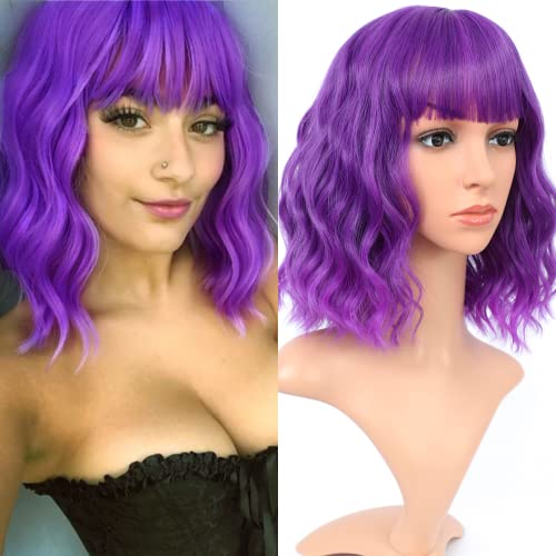 BLSWANER Purple Wig Short Curly Bob Wig with Bangs Shoulder Length Synthetic Hair Cosplay Wigs for Women 12 Inch Halloween Decorations