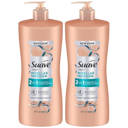 Suave Shampoo and Conditioner 2 in 1 - Micellar Infusion for all Hair Types, Smoothing Shampoo and Conditioner, 28 Oz Ea (Pack of 2)
