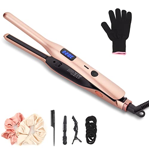 Pencil Flat Iron for Short Hair, Pro Straightener and Curler 2 in 1 Ceramic Mini Small Flat Iron for Short Hair, Beards & Pixies, 3/10Inch Straightener Iron for Men's Quick Grooming Gift - Rose Glod