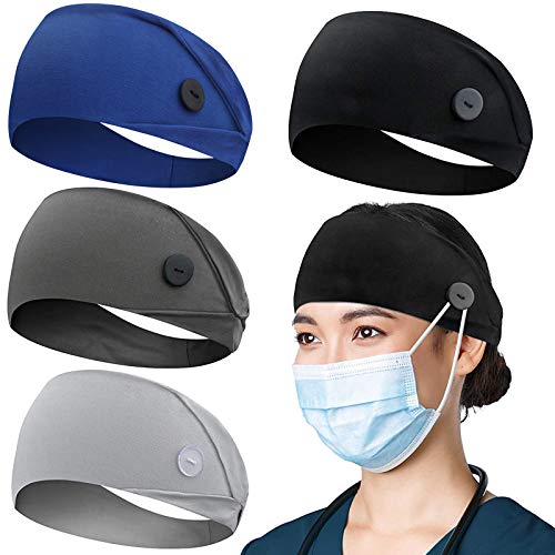 ABAMERICA Headbands with Button for Mask, Wide Nurses Headbands Non Slip Elastic Ear Protection for Women Men Doctors Sweatband Headband (BUTTON- 4 PACK COLOR13)