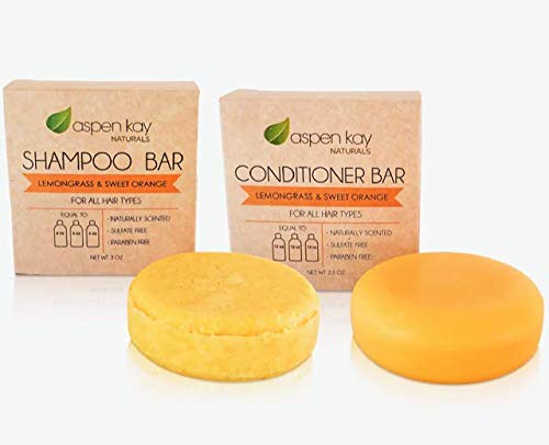 Shampoo and Conditioner set, Solid bars, Organic Ingredients, All Hair Types, Sulfate-Free, Cruelty-Free & Vegan. One 3 ounce and one 2.3 ounce bars (Lemongrass & Sweet Orange)