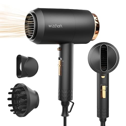 WIZCHARK Hair Dryer with Diffuser, Ceramic Ionic Blow Dryer for Women Curly Hair, Lightweight Compact Professional Salon Hairdryer with Diffuser Attachment, Cool Air Button 2 Speeds/Heats, Black