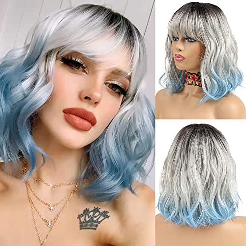 NOBLE Blue Wig with Bangs Short Bob Curly Wigs for White Women Colorful Wavy Bob Wigs with Air Bangs Heat Resistant Synthetic Silver Blue Wigs for Daily Party Cosplay Costume Wigs